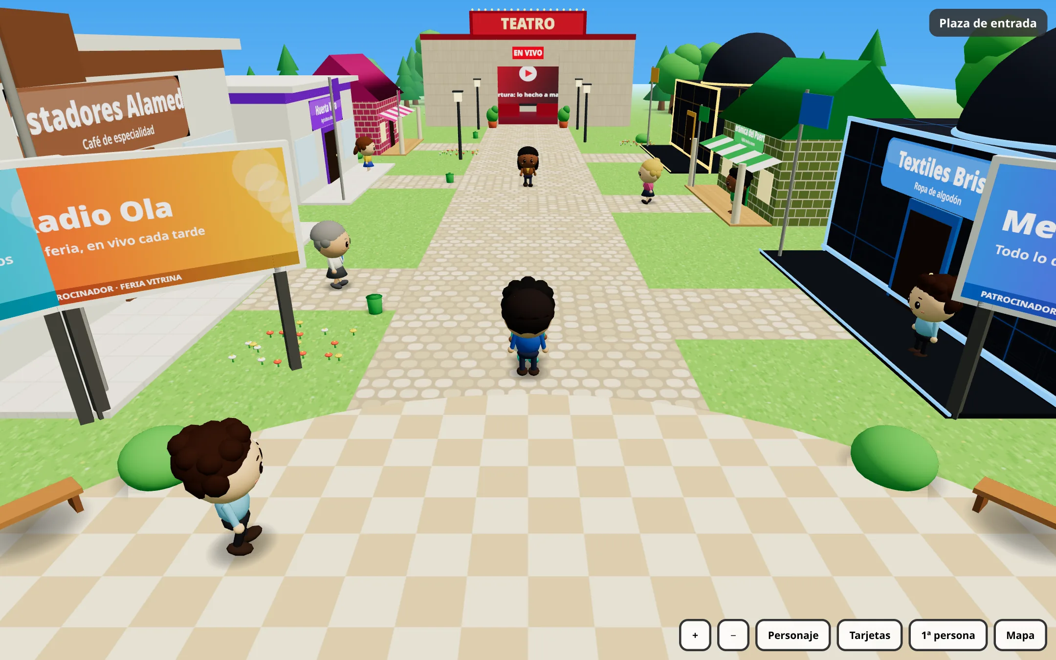 The boulevard of a sample fair in third person, with stands on both sides and the theater at the end.